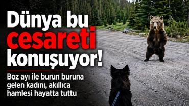Dünya bu cesareti konuşuyor! Boz ayı ile burun buruna gelen kadını, akıllıca hamlesi hayatta tuttu